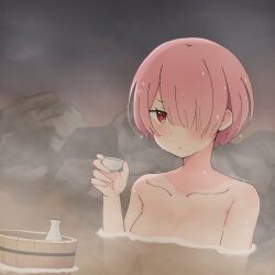 1girl absurdres alcohol artist_name blush breasts bucket choko_(cup) closed_mouth collarbone completely_nude cup hair_over_one_eye highres holding holding_cup looking_at_viewer medium_breasts nude onsen partially_submerged pink_hair ram_(re:zero) re:zero_kara_hajimeru_isekai_seikatsu red_eyes rock short_hair solo steam sunegg1112 tokkuri twitter_username upper_body wet wet_hair wooden_bucket
