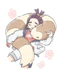 1boy :&lt; black_hair closed_eyes closed_mouth commentary flower_symbol furret gen_2_pokemon gloves jacket kieran_(pokemon) long_sleeves lying male_focus mtitp54 nintendo on_back open_clothes open_jacket open_mouth partially_fingerless_gloves pokemon pokemon_(creature) pokemon_sv purple_hair red_gloves red_tank_top shorts simple_background single_glove symbol-only_commentary tank_top white_background white_jacket white_shorts