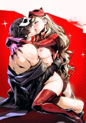 1boy 1girl amamiya_ren black_hair black_jacket blonde_hair boots cat_mask french_kiss gloves hair_down hetero high_heel_boots high_heels highres jacket kiss mask mask_on_head off_shoulder panther_(persona_5) persona persona_5 purple_gloves red_gloves red_thighhighs sex spykeee straddling takamaki_anne thigh_boots thighhighs upright_straddle