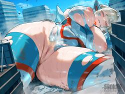 Rule 34 | 1girl, artist name, blonde hair, blue leotard, blue sky, blue thighhighs, bodysuit, breasts, building, censored, city, clenched teeth, commentary, day, destruction, exciel cian, giant, giantess, large breasts, leotard, lying, magical girl, mosaic censoring, nikunopengin, nipples, on side, one eye closed, original, outdoors, pussy, red eyes, rubble, sky, solo, sweat, teeth, thick thighs, thighhighs, thighs, torn bodysuit, torn clothes, torn leotard, torn thighhighs, trembling