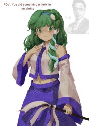 Rule 34 | 1girl, anger vein, blue hairband, blue skirt, blush, breasts, closed mouth, collared shirt, commentary, cowboy shot, detached sleeves, english text, frog hair ornament, gohei, green eyes, green hair, hair ornament, hair tubes, hairband, hand on own chest, highres, himuhino, holding, i&#039;m stuff (meme), kochiya sanae, long hair, long skirt, looking at viewer, medium breasts, meme, midriff, navel, real life, robert downey jr., shirt, simple background, single sidelock, skirt, sleeveless, sleeveless shirt, snake hair ornament, touhou, white background, white shirt, white sleeves