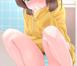 1girl bathroom blue_panties blush breasts breath brown_hair covering_own_mouth cropped drawstring embarrassed female_focus green_eyes half-closed_eyes hand_up highres hood hooded_jacket indoors jacket legs long_sleeves looking_down no_pants nose_blush original panties peeing peeing_self short_hair sidelocks sleeves_past_wrists small_breasts solo squatting striped_clothes striped_panties tears tile_wall tiles underwear urabe_miyabi wet wet_clothes wet_panties yellow_jacket