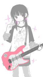 1girl absurdres blush character_print character_sticker closed_mouth commentary dog_tags doko_demo_issho feet_out_of_frame greyscale guitar hair_ribbon highres holding holding_guitar holding_instrument inoue_toro instrument keroro keroro_gunsou layered_sleeves long_sleeves looking_at_viewer low_twintails lurenjia medium_hair monochrome original pants pants_under_skirt pink_ribbon pleated_skirt print_shirt ribbon shirt short_over_long_sleeves short_sleeves simple_background skirt smile solo sparkle spot_color standing striped_sleeves symbol-only_commentary track_pants twintails v