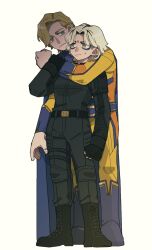 1boy 1girl arm_around_neck belt black_belt black_bodysuit black_boots black_eyeliner black_gloves blonde_hair blue_belt blue_boots blue_cape blue_eyes bodysuit boots brown_eyes cape clenched_hand closed_mouth earrings eyeliner fingerless_gloves full_body gloves grabbing_another&#039;s_arm hand_up highres jewelry looking_at_another makeup marvel marvel_cinematic_universe sentry_(marvel) short_hair simple_background smile standing superhero_costume sweatdrop sweetp247 thunderbolts_(movie) white_background yelena_belova yellow_bodysuit