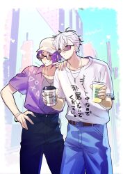 Rule 34 | 2boys, absurdres, alternate costume, arms up, baseball cap, belt, belt buckle, blue lock, blue pants, bracelet, brown belt, buckle, building, closed mouth, cloud, collarbone, collared shirt, contrapposto, cup, denim, disposable coffee cup, disposable cup, drinking straw, eyes visible through eyewear, grey eyes, hand on another&#039;s shoulder, hand on own hip, hat, heart, highres, holding, holding cup, jeans, jewelry, male focus, mikage reo, multiple boys, nagi seishirou, necklace, negieternal, open mouth, outdoors, pants, pointing, print shirt, purple hair, purple shirt, shirt, shirt tucked in, sunglasses, translation request, white hair, white hat, white shirt, wing collar