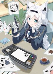 1girl absurdres ahoge animal_ear_fluff animal_ears aqua_eyes black_corset black_hairband blue_bow blue_bowtie blue_jacket book bow bowtie braid braided_ponytail breasts cable collared_shirt corset cup drawing_(object) drawing_tablet earrings elbows_on_table fox_ears fubuchun fubuzilla_(shirakami_fubuki) gloves gothic_lolita hair_between_eyes hair_intakes hairband hand_on_own_cheek hand_on_own_face highres hiragi_moka holding holding_stylus hololive indoors jacket jewelry lolita_fashion looking_to_the_side medium_breasts miteiru_(shirakami_fubuki) computer_mouse mousepad_(object) nejima_kitsune_(shirakami_fubuki) official_alternate_costume on_chair oruyanke_(shirakami_fubuki) paper plant potted_plant shirakami_fubuki shirakami_fubuki_(aristocrat_kei) shirt side_braid sidelocks single_earring sitting sleeve_cuffs smile solo stylus sukonbu_(shirakami_fubuki) table teacup underbust user_interface virtual_youtuber white_gloves white_hair white_shirt