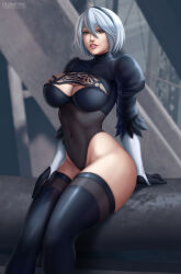 1girl 2b_(nier:automata) absurdres breasts cleavage flowerxl gloves hairband high_boots highres large_breasts leotard looking_at_viewer mole mole_under_mouth nier nier:automata nier_(series) sitting solo thick_thighs thighhighs thighs tiara toned toned_female white_hair wide_hips yellow_eyes