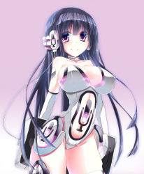 1girl ajikan_(azican) apple_inc. bad_id bad_nicoseiga_id black_hair blush bodysuit breasts cable cleavage collarbone digital_media_player female_focus gradient_background headphones highres large_breasts long_hair narrow_waist personification purple_eyes simple_background siri smile solo thighhighs