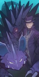 1boy absurdres blue_coat coat collared_shirt colored_skin gen_1_pokemon giovanni_(pokemon) giovanni_(sygna_suit)_(pokemon) gloves grin highres holding holding_poke_ball looking_at_viewer male_focus necktie nidoking nikuzaiku nintendo official_alternate_costume poke_ball poke_ball_(basic) pokemon pokemon_masters_ex purple_skin shirt smile tail