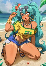 1girl :d absurdres aqua_eyes aqua_hair beach bead_necklace beads blue_sandals blue_shorts blue_sky blush bracelet brazilian_flag brazilian_flag_print brazilian_miku breasts cloud commentary crop_top dark-skinned_female dark_skin day earrings eyelashes eyewear_on_head flag_print full_body green_nails grey-framed_eyewear hand_on_ground hatsune_miku highres jewelry kneeling long_hair midriff nail_polish navel necklace open_mouth outdoors sandals shiny_skin shirt shiya_moegin short_shorts short_sleeves shorts single_bare_shoulder sky smile solo starfish sunglasses symbol-only_commentary tan tanline teeth thighs toenail_polish toenails torn_clothes torn_shorts twintails upper_teeth_only very_long_hair vocaloid water yellow_nails yellow_shirt
