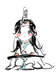 1boy aged_down black_hair blush blush_stickers chibi chibi_only child chinese_clothes closed_mouth dot_mouth faux_traditional_media full_body guqin hanfu headband holding holding_instrument ink_wash_painting instrument kcllzas163 lan_wangji long_hair long_sleeves looking_at_viewer male_focus modao_zushi music playing_instrument robe simple_background sitting solo third-party_source white_background white_hanfu white_headband wide_sleeves xiao_guan_(headdress) yellow_eyes