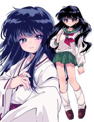 Rule 34 | 1girl, black hair, brown eyes, brown shoes, chihaya (clothing), closed eyes, commentary, dual persona, full body, green sailor collar, green skirt, highres, higurashi kagome, inuyasha, japanese clothes, kneehighs, loafers, long hair, long sleeves, looking at viewer, loose socks, miko, neckerchief, parted lips, pleated skirt, red neckerchief, ribbon-trimmed sleeves, ribbon trim, rumic 0620, sailor collar, school uniform, shirt, shoes, skirt, socks, upper body, very long hair, white background, white shirt, white socks, wide sleeves