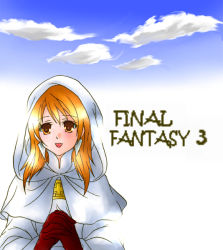 1990s_(style) 1girl cloud female_focus final_fantasy final_fantasy_iii gradient_background orange_hair outdoors refia retro_artstyle sky smile solo white_background white_mage_(final_fantasy)