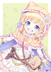 1girl animal_ear_headwear bag belt blonde_hair blue_eyes cape cloak dress fake_animal_ears fam_valhoef frilled_dress frills hair_ornament highres iris_mysteria! k_(nura-rikuo) looking_at_viewer outstretched_arms pointy_ears ribbon standing yellow_ribbon