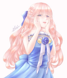 1girl akuyaku_reijou_wa_ringoku_no_outaishi_ni_dekiai_sareru bare_shoulders blue_bow blue_dress blue_eyes bow braid dated dress hands_on_own_cheeks hands_on_own_face lipstick long_hair makeup simple_background solo tiarose_lapis_clementille touma_katsuragi very_long_hair white_background