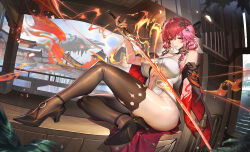 Rule 34 | 1girl, bare shoulders, black collar, black sleeves, black thighhighs, braid, breasts, changli (wuthering waves), collar, colored extremities, commentary request, fingernails, fire, hair between eyes, hair extensions, hair ornament, high heels, highres, holding, holding sword, holding weapon, jinlin, large breasts, leotard, long hair, looking at viewer, no jacket, parted lips, partial commentary, pink hair, red hands, revision, ring hair extensions, short sleeves, sitting, smile, solo, sword, tacet mark (wuthering waves), thighhighs, thighs, twin braids, weapon, white leotard, wuthering waves, yellow eyes