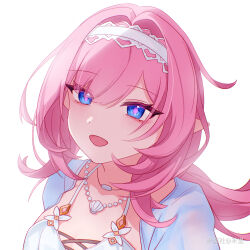 1girl bikini blue_eyes breasts chinese_commentary commentary_request elysia_(honkai_impact) elysia_(miss_pink_elf)_(honkai_impact) elysia_(summer_miss_elf)_(honkai_impact) heli_(miyoushe_278043874) highres honkai_(series) honkai_impact_3rd jewelry long_hair looking_at_viewer miyoushe_watermark necklace official_alternate_costume open_mouth pink_hair shell shell_necklace simple_background smile solo swimsuit upper_body watermark white_background white_bikini