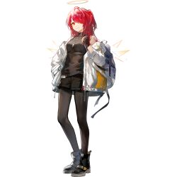 Rule 34 | 1girl, arknights, artist request, bare shoulders, black pantyhose, black shirt, black shoes, black shorts, breasts, brown gloves, detached wings, dog tags, energy wings, exusiai (arknights), fingerless gloves, full body, game cg, gloves, hair over one eye, halo, hand in pocket, jacket, long hair, looking at viewer, medium breasts, official alternate costume, official alternate hairstyle, pantyhose, red hair, shirt, shoes, shorts, smile, solo, third-party source, traditional halo, transparent background, white jacket, wings