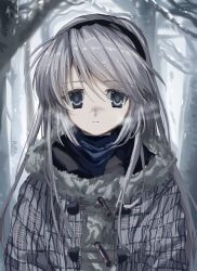 Rule 34 | 1girl, blue eyes, clannad, coat, grey hair, hairband, highres, kasukasugom1, long hair, looking at viewer, sakagami tomoyo, solo, very long hair, winter, winter clothes, winter coat