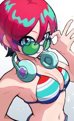 1girl adjusting_eyewear alternate_costume amate_yuzuriha aqua_hair armpit_peek bikini blue_eyes breasts cleavage collarbone cowboy_shot earrings grey_background gundam gundam_gquuuuuux halterneck hand_on_own_hip headphones headphones_around_neck highres jewelry looking_at_viewer medium_breasts multicolored_hair navel red_hair short_hair smile solo striped_bikini striped_clothes swimsuit user_vcxf2247