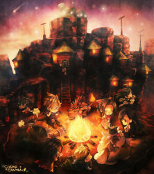 1990s_(style) 3girls 5girls aerith_gainsborough barret_wallace black_hair blonde_hair brown_hair cait_sith_(final_fantasy) campfire chibi cid_highwind cigarette closed_eyes cloud_strife cosmo_canyon everyone final_fantasy final_fantasy_vii fire green_eyes ladder long_hair materia moogle multiple_girls nose_bubble red_eyes red_xiii retro_artstyle shrugging sitting square_enix sui_(petit_comet) tifa_lockhart time_paradox very_long_hair vincent_valentine yuffie_kisaragi