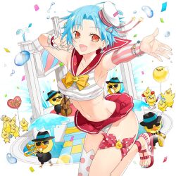&gt;_&lt; 1boy 1girl 2boys :d ahoge animal anklet aqua_nails armpits baby_animal ball bare_shoulders barefoot beachball beads bikini bird blonde_hair blue_bow blue_hair blue_nails blush bow bowtie bracelet breasts chick crop_top cup dixie_cup_hat dog duck earrings fang feet flower food fruit full_body green_nails hat hat_bow heart hose innertube jewelry lifebuoy looking_at_viewer manjuu_(azur_lane) merueto microphone midriff military_hat miniskirt multiple_boys nail_polish navel non-web_source open_mouth orange_eyes panties penguin pool red_bow red_eyes red_nails red_skirt ribbon ring rubber_duck sailor_bikini sailor_collar sailor_hat sandals sapphire_(uchihime) scrunchie see-through_clothes shirt short_hair skirt sleeveless sleeveless_shirt smile solo sparkle splashing standing star_(symbol) stomach striped_bikini striped_clothes surfboard swim_ring swimsuit toenail_polish toenails toes top_hat uchi_no_hime-sama_ga_ichiban_kawaii underwear water water_gun wet white_panties wrist_scrunchie yellow_bow