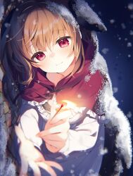 1girl andersen&#039;s_fairy_tales blush brown_hair closed_mouth commentary_request fire frills hair_between_eyes highres holding hood little_match_girl long_hair long_sleeves looking_ahead lying matches on_side original red_eyes shirt smile snow snow_on_head snowing solo suimya white_shirt