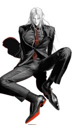 1boy alternate_costume black_jacket black_pants black_shirt black_shoes brown_necktie c1111h closed_mouth collared_shirt dress_shoes final_fantasy final_fantasy_vii formal_clothes full_body grey_hair highres jacket long_bangs long_hair looking_at_viewer male_focus necktie pants parted_bangs sephiroth shirt shoes sitting solo suit_jacket tie_clip