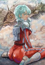 Rule 34 | 1girl, aina saharin, asparas iii, ass, bodysuit, boots, commentary, dated, english commentary, gloves, green eyes, green hair, grey footwear, gundam, gundam 08th ms team, highres, mecha, mecha pilot suit, okrdisk2000, pink lips, red bodysuit, robot, short hair, sitting, wariza, white gloves