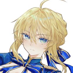 Rule 34 | 1girl, ahoge, artoria pendragon (fate), blonde hair, blue bow, blue bowtie, blue dress, bow, bowtie, closed mouth, commentary request, dress, fate/stay night, fate/unlimited blade works, fate (series), floating hair, green eyes, hair between eyes, hair bow, honkai: star rail, honkai (series), long sleeves, looking at viewer, mandarin collar, nigiri, puffy long sleeves, puffy sleeves, saber (fate), saber (honkai: star rail) (fate), short hair, sidelocks, simple background, solo, striped bow, striped bowtie, striped clothes, upper body, white background