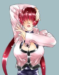 1girl bodysuit bodysuit_under_clothes breasts brokensouthpaw caiman_(artist) cleavage cleavage_cutout clothing_cutout curvy female_focus jacket large_breasts latex leather long_hair pale_skin ponytail red_hair shermie_(kof) shiny_clothes shiny_skin standing the_king_of_fighters twintails