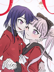 black_bow black_hairband black_headband blush bow brother_and_sister closed_mouth hairband headband hetero holding_hands incest long_sleeves one_eye_closed open_mouth pink_eyes pink_hair purple_hair red_shirt shirt siblings simple_background sirei_(hundred_line) the_hundred_line_-last_defense_academy- tsukumo_ima tsukumo_kako twincest twins twintails upper_body white_background white_bow