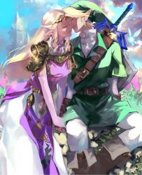 1boy 1girl arm_support armor belt blonde_hair breasts brown_belt brown_footwear brown_gloves closed_eyes closed_mouth commentary_request dress earrings elbow_gloves fingerless_gloves gloves green_hat green_tunic hat hetero highres holding_hands hylian_shield imminent_kiss jewelry link long_dress long_hair master_sword matsutoshi_kkb medium_breasts navi nintendo pants pauldrons pink_dress pink_gloves pointy_ears princess_zelda shield shield_on_back short_hair shoulder_armor shoulder_belt sitting sword the_legend_of_zelda the_legend_of_zelda:_ocarina_of_time tiara triforce tunic two-tone_dress weapon weapon_on_back white_dress white_pants