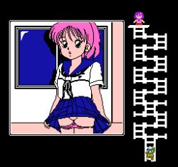 Rule 34 | 1boy, 2girls, black background, black eyes, black neckerchief, blue footwear, blue hair, blue skirt, breasts, climbing ladder, clothes lift, flower, green pants, green shirt, hair flower, hair ornament, jacket, ladder, long sleeves, lowres, medium breasts, mimi (sailor fuku bishoujo zukan), multiple girls, neckerchief, open mouth, panties, pants, panty pull, pink hair, pink jacket, pink panties, pixel art, purple hair, purple shirt, pussy, red skirt, sailor fuku bishoujo zukan, sailor fuku bishoujo zukan vol. 5, school uniform, shirt, shoes, short hair, short sleeves, skirt, skirt lift, sleeveless, sleeveless jacket, standing, underwear, wall, white shirt, window