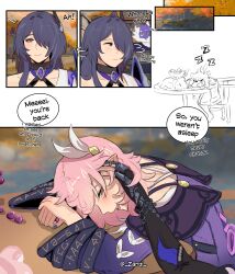 Rule 34 | 2girls, absurdres, acheron (honkai: star rail), black gloves, chimera, coat, commentary, criss-cross halter, cyrene (honkai: star rail), dromas (honkai: star rail), english commentary, english text, gloves, hair ornament, halterneck, hand on another&#039;s ear, head rest, highres, honkai: star rail, honkai (series), long hair, multiple girls, outdoors, pink hair, pointy ears, purple coat, purple eyes, purple hair, sleepy kaslana, speech bubble, table, turning head, twitter username, zzz