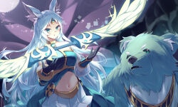 1girl :o absurdres animal_ear_fluff animal_ears apollousa_bow_of_the_goddess bear black_gloves blue_hair body_fur bow_(weapon) breasts chest_guard commentary_request cowboy_shot duel_monster forehead_jewel gloves green_eyes green_fur highres kanzakietc large_breasts long_hair midriff navel parted_lips pleated_skirt sidelocks single_bare_shoulder skirt vambraces very_long_hair weapon white_skirt yu-gi-oh!