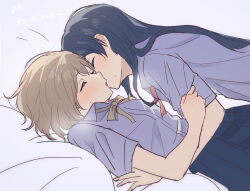 2girls black_skirt blush closed_eyes collared_shirt commentary french_kiss grey_hair highres kiruto_(artar_12) kiss love_live! love_live!_nijigasaki_high_school_idol_club multiple_girls nakasu_kasumi neck_ribbon nijigasaki_school_uniform pink_ribbon pleated_skirt purple_shirt ribbon school_uniform shirt short_hair short_sleeves skirt sweatdrop yellow_ribbon yuki_setsuna yuri