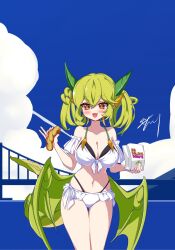 Rule 34 | 1girl, alternate costume, bag, bare shoulders, bikini, blush, breasts, cleavage, collarbone, diamond-shaped pupils, diamond (shape), dragon girl, dragon horns, dragon tail, dragon wings, duel monster, food, frilled sleeves, frills, green hair, green nails, hair between eyes, highres, holding, holding bag, holding food, horns, large breasts, layered bikini, long hair, looking at viewer, nail polish, navel, open mouth, orange eyes, parlor dragonmaid, smile, solo, stomach, swimsuit, symbol-shaped pupils, tail, ttakji craft, twintails, white bikini, wings, yu-gi-oh!