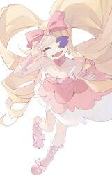 Rule 34 | 1girl, blonde hair, boots, bow, breasts, cleavage, colored eyepatch, dress, drill hair, earrings, eyepatch, footwear bow, harime nui, heart, heart earrings, highres, jewelry, kill la kill, lolita fashion, muhan (user azze8777), one eye closed, pink boots, pink bow, pink dress, smile, twin drills, v, white background
