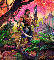 Rule 34 | 1boy, abs, abstract background, black hair, black panther, black panther (movie), blue pants, boots, bracelet, branch, brown boots, building, closed mouth, colorful background, dark-skinned male, dark skin, denim, dreadlocks, facial hair, forest, glint, gold bracelet, gun, holding, holding gun, holding sword, holding weapon, jeans, jewelry, jungle, killmonger, landscape, leaf, leather, leather pants, male focus, marvel, marvel cinematic universe, marvel snap, muscular, muscular male, nature, necklace, official art, outdoors, panther, pants, rainforest, scenery, science fiction, shiny skin, shotgun, sky, solo, sparkle, standing, standing on branch, star (sky), starry sky, sword, thigh boots, tooth necklace, topless male, tree, vinartwork, weapon, western comics (style), x-men