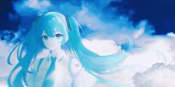 1girl absurdres aqua_eyes aqua_hair aqua_necktie backlighting bare_shoulders blue_sky blue_theme chinese_commentary chromatic_aberration ciciflaky closed_mouth cloud commentary_request cumulonimbus_cloud detached_collar double-parted_bangs frilled_sleeves frills hair_between_eyes hair_ornament halterneck hatsune_miku highres long_hair looking_at_viewer necktie night number_tattoo off-shoulder_shirt off_shoulder pale_skin shirt shoulder_tattoo sky smile solo tattoo translucent_hair upper_body vocaloid white_shirt wind