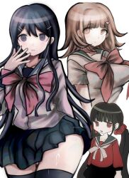 3girls black_hair black_thighhighs blue_eyes blue_hair blue_skirt breasts brown_eyes brown_hair cowboy_shot danganronpa:_trigger_happy_havoc danganronpa_(series) danganronpa_2:_goodbye_despair danganronpa_v3:_killing_harmony harukawa_maki ikemen&#039;na_ore-shi large_breasts long_hair maizono_sayaka medium_breasts medium_hair miniskirt multiple_girls nanami_chiaki pleated_skirt red_shirt ringed_eyes school_uniform shirt simple_background skirt thighhighs thighs white_background white_shirt