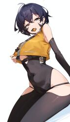 1girl absurdres alternate_costume aqua_eyes bare_shoulders belle_(zenless_zone_zero) black_bodysuit blue_hair bodysuit breasts check_clothing closed_mouth clothing_request commentary_request covered_navel ear_piercing goomrrat hair_between_eyes highres hip_vent jacket large_breasts looking_at_viewer mouth_hold piercing short_hair simple_background smile solo white_background yellow_jacket zenless_zone_zero