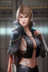 Rule 34 | 1girl, absurdres, audia pahlevi, belt, black sleeves, black vest, blurry, blurry background, breasts, brown hair, buttons, cape, chain, cleavage, cleavage cutout, clothing cutout, crowe altius, final fantasy, final fantasy xv, gloves, hand on own chest, highres, kingsglaive: final fantasy xv, leather, leather gloves, lips, long sleeves, looking at viewer, medium breasts, messy hair, midriff, navel, orange eyes, red cape, short hair, shoulder pads, solo, upper body, vest