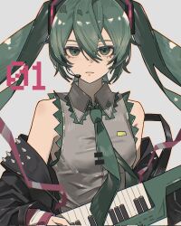 aqua_eyes aqua_hair aqua_necktie chouti_ttt detached_sleeves grey_shirt hatsune_miku headphones headset highres instrument jacket keytar leather leather_jacket long_hair looking_at_viewer necktie shirt spikes twintails very_long_hair vocaloid