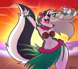 1girl @_@ alcohol armpits beach blush bottle coconut_bra cowboy_shot drunk furry furry_female grass_skirt groin helluva_boss highres holding holding_bottle hula hypnosis iamaneagle loona_(helluva_boss) mind_control navel outdoors solo vodka
