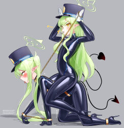 2girls absurdres black_bodysuit black_tail blowing_whistle blue_archive bodysuit chain chain_leash demon_tail flat_chest gloves green_hair green_halo halo high_heels highres hikari_(blue_archive) holding holding_leash impossible_bodysuit impossible_clothes incest latex latex_bodysuit leash long_hair maguro27 multiple_girls nozomi_(blue_archive) pet_play pointy_ears rabbit_pose riding saliva siblings sisters skin_tight tail tongue tongue_out twincest twins twintails very_long_hair whistle white_gloves yellow_eyes