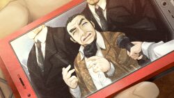1other 3boys 4boys angry ascot black_ascot black_hair black_jacket bodyguard brown_jacket cellphone collared_shirt disgust fingernails flip_phone formal_clothes furrowed_brow game_cg hands_up height_difference highres holding holding_phone huke jacket lapels long_sleeves looking_at_viewer makise_shouichi mature_male multiple_boys narrowed_eyes non-web_source notched_lapels official_art okabe_rintarou open_clothes open_jacket open_mouth phone pov pov_hands purple_eyes ringed_eyes shirt short_hair square_pupils steins;gate suit suit_jacket talking tall_male teeth thick_eyebrows tongue very_short_hair viewer_holding_phone