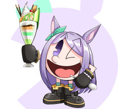 1girl ;d animal_ears black_gloves boots food gloves green_socks highres holding holding_food holding_spoon horse_ears horse_girl lace-up_boots long_hair looking_at_viewer mejiro_mcqueen_(umamusume) meso_(zgmf-xv) one_eye_closed open_mouth pac-man pac-man_(game) parfait purple_eyes purple_hair smile socks solo spoon umamusume