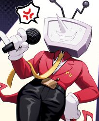 Rule 34 | 1boy, anger vein, ant tenna, belt, black belt, black pants, cowboy shot, crt, deltarune, gloves, holding, holding microphone, male focus, microphone, necktie, nnagi0111, object head, pants, pinky out, pointy nose, smile, solo, spoken anger vein, sweat, tailcoat, teeth, white gloves, yellow necktie